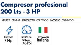 Compresor Horizontal Profesional 200 Lts de 3 Hp, Genpar