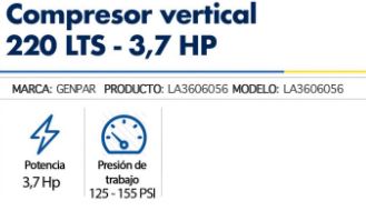 Compresor Vertical 220 Lts de 3,7 Hp, Genpar